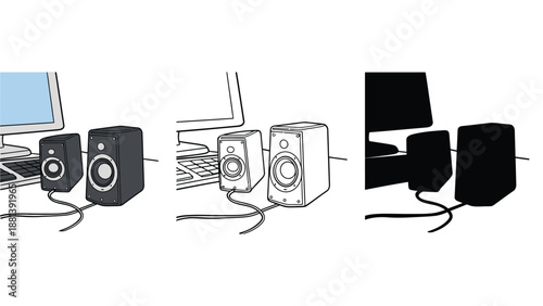 A set of computer speakers in different design styles and colors