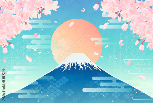 桜と富士山と日の出のイラスト_横1