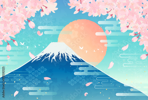 桜と富士山と日の出のイラスト_横2