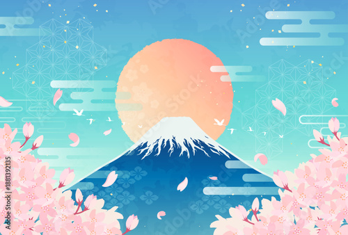桜と富士山と日の出のイラスト_横3