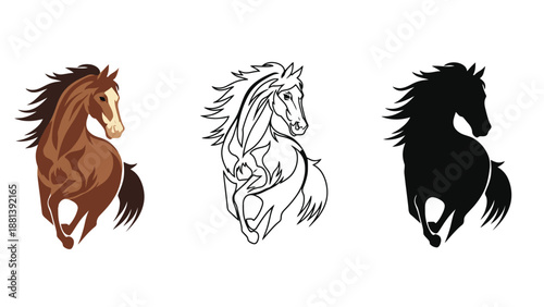 Three different illustrations of a horse in various artistic styles and colors