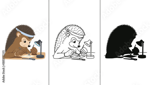 A hedgehog works diligently at a desk with a lamp in different artistic styles.