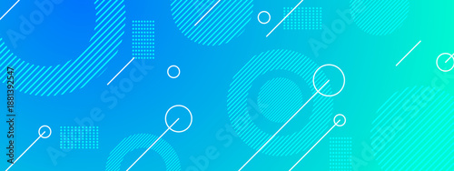 Cool blue and cyan gradient background featuring white memphis design elements like circles and diagonal lines