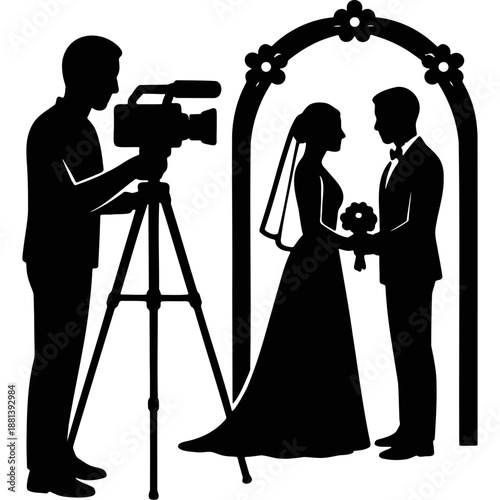 Wedding Videography Silhouette: A silhouette captures the magic of a wedding, with a videographer at work, filming the bride and groom exchanging vows under a floral arch.