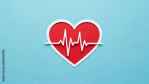 A red heart with a white ECG line on a light blue background symbolizing health and wellness