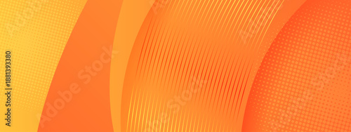 Energetic orange and yellow background with sweeping curves halftone dots and technical line patterns