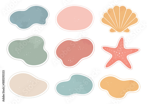 Minimal hand drawn marine elements set featuring a seashell, starfish, and pastel abstract shapes for summer designs