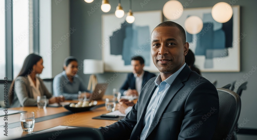 Fototapeta premium Confident African American businessman in a suit leading a meeting in a modern boardroom, colleagues blurred in background, atmosphere, business concept, modern, corporate
