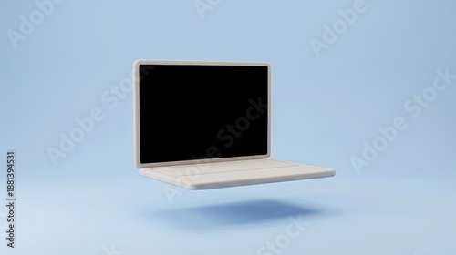 Flying cartoon laptop computer 3D illustration. Minimalist cute tech icon on pastel blue background.