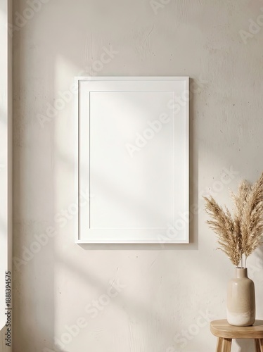 Blank white vertical picture frame mockup on beige wall with dry pampas grass. Minimalist boho interior background with sunlight shadows.