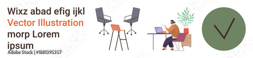 Workplace organization, freelancing, remote work, online productivity, coworking spaces, furniture design. Office seating, desk person on laptop green checkmark. Remote work and coworking concepts