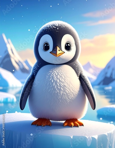 A cartoon penguin stands on an icy surface against a backdrop of snowy mountains and a serene sky