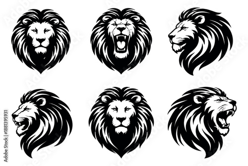 Stylized graphic lion head set featuring various expressions and profiles for branding and emblems