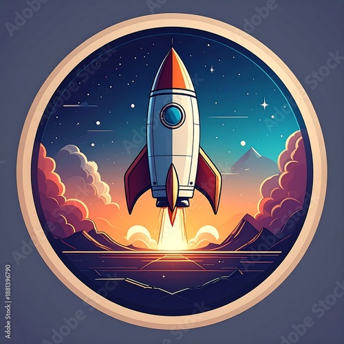 A cartoon rocket ship blasts off into a starry night sky amidst clouds and mountains