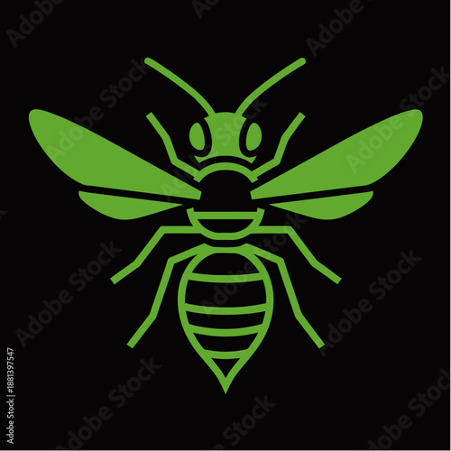 A minimalist green outline illustration of a bee or wasp with wings and six legs on a solid black background.
