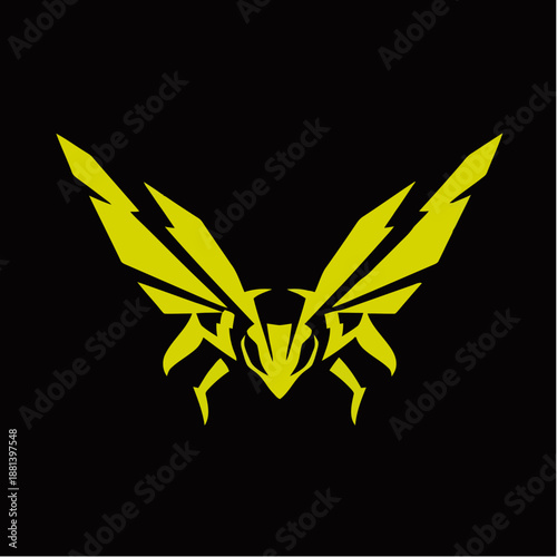 A stylized yellow wasp or bee emblem with sharp geometric wings against a black background.