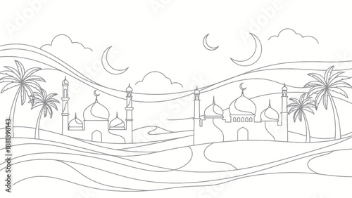 Desert Oasis with Mosques and Palm Trees Under Crescent Moons.