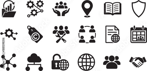 Commons icon set with universal symbols for sharing, community, public resources, web, and interface design.