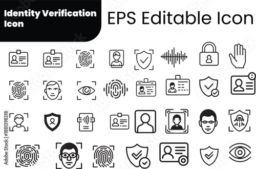 Identity Verification Vector Icon Set for Biometric Security, ID Card Authentication, Face Recognition and Fingerprint Scan