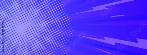 Abstract purple and blue background with radial rays lightning bolts and halftone dots in a pop art comic book style