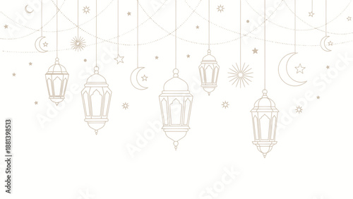 Elegant Islamic Lanterns and Crescent Moons Hanging on White Background.