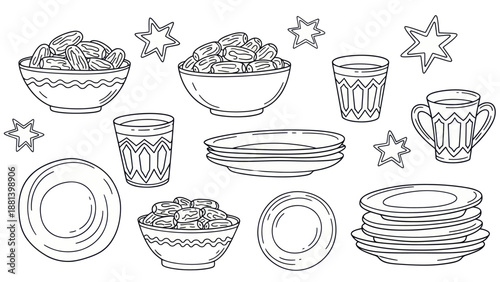 Hand drawn sketch of traditional Ramadan Iftar meal elements.