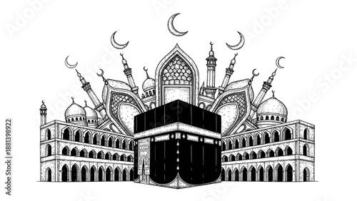Hand drawn sketch of Kaaba and mosque in Mecca Saudi Arabia.