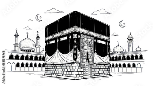 Hand-drawn illustration of the Kaaba, a sacred building in Mecca.