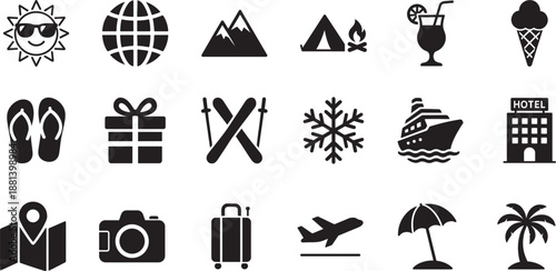 Holiday icon set with travel, vacation, beach, hotel, and leisure symbols for web, app, and print design.