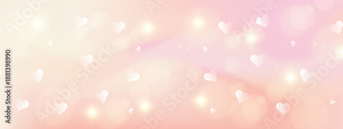 Warm peach and rose gold gradient background featuring delicate floating hearts and glowing light effects