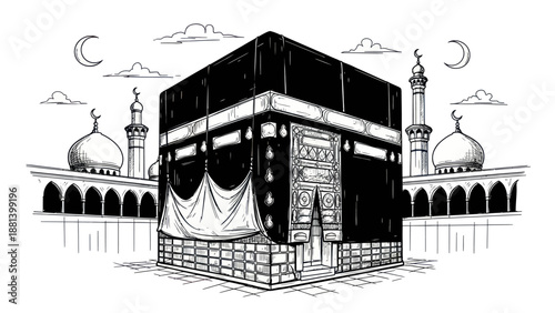 Hand-drawn Kaaba in Mecca, a sacred Islamic pilgrimage site.