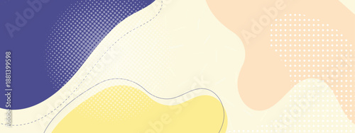Creative abstract background featuring deep purple and yellow organic fluid shapes with halftone dots and dash patterns