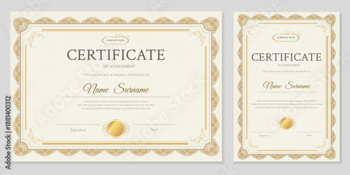 Professional certificate and diploma template in horizontal and vertical formats. Elegant gold frame, classic design with guilloche pattern. Editable vector layout for business.