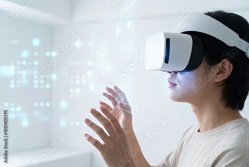 Young man wearing VR headset interacting with virtual educational interface. Future science learning and metaverse concept.