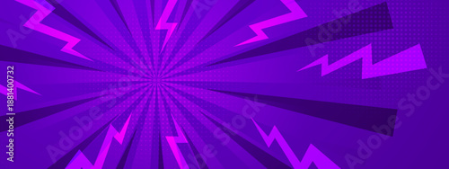 Purple retro comic lightning abstract background featuring sunburst rays and halftones