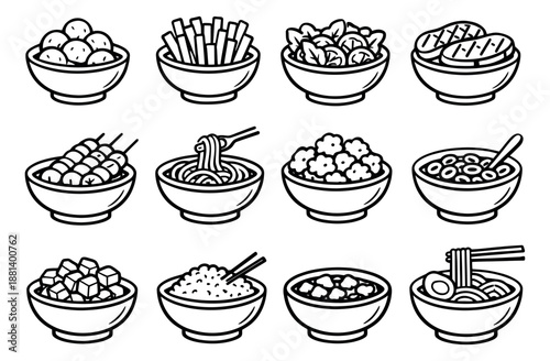 Hand drawn line art food icon set featuring diverse meal bowls for restaurant menus