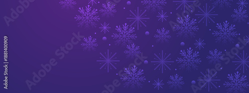 Deep violet abstract background with artistic snowflakes scattered on the right side and copy space