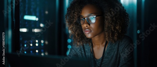 Woman working on computer in server room focused expression and glasses