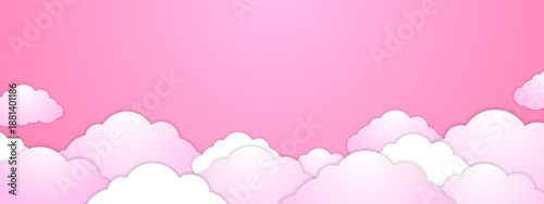 Beautiful soft pink sky with fluffy white paper cut style clouds at the bottom