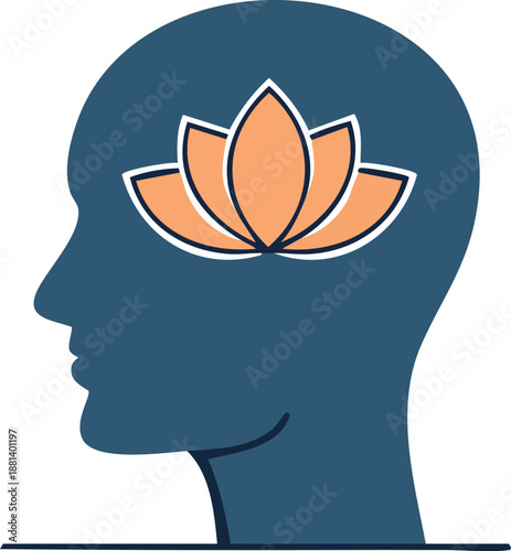 Minimal outline icon of lotus flower inside human head silhouette 