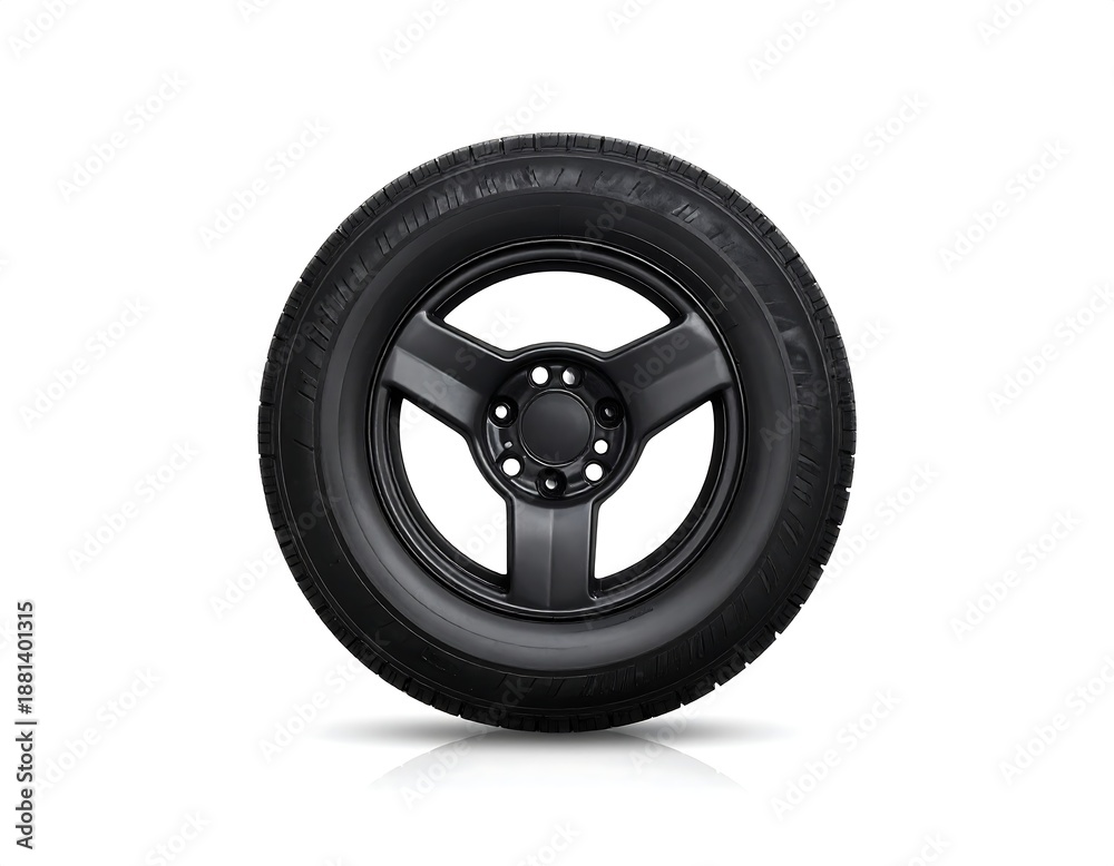 Obraz premium A single, isolated car wheel and tire against a clean white background. It's a black rim with a circular tire