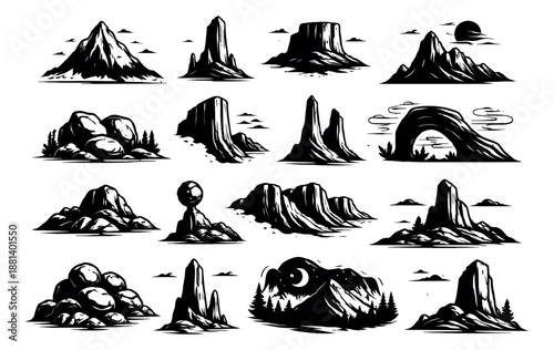 Hand drawn line art rock formation set featuring various rugged peaks, cliffs, and boulders for outdoor adventure designs