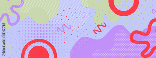 Soft lavender background featuring memphis style elements like halftone dots red circles and organic shapes