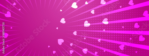 Vibrant pink comic style background featuring flying hearts and radial speed lines with dots