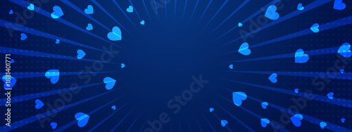 Blue pop art style background with heart shapes radiating from the center with halftone dots