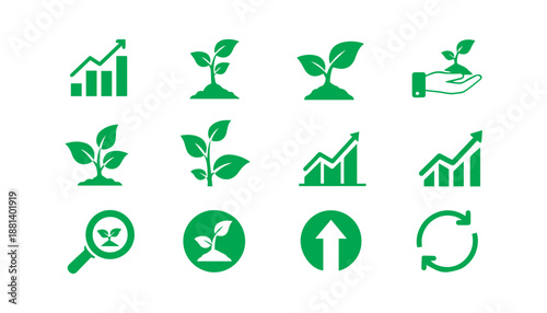 Green Growth Icon Set for Business, Analytics and Financial UI Design