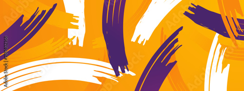 Creative background featuring expressive purple and white paint brush strokes on orange base
