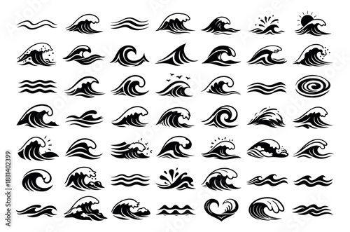 Stylized graphic wave icons set featuring various forms of ocean waves for marine and nautical design