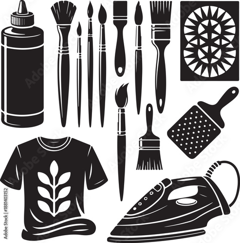 Art icons, fabric painting, textile design, paintbrush tool, acrylic bottle, stencil pattern, clothes iron, diy craft