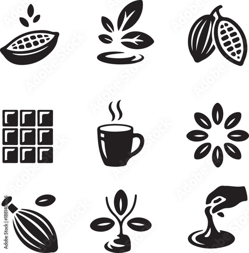 Chocolate icons, cocoa bean, cacao pod, sweet bar, hot drink, organic plant, food ingredient, dessert cooking